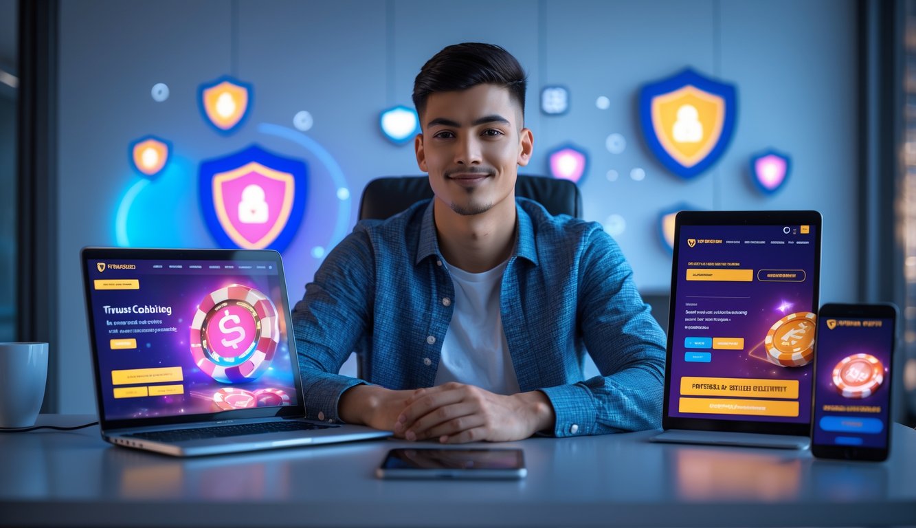 Seorang dewasa muda duduk di meja dengan laptop dan ponsel yang menampilkan permainan kasino online, suasana terlihat aman dan terpercaya.