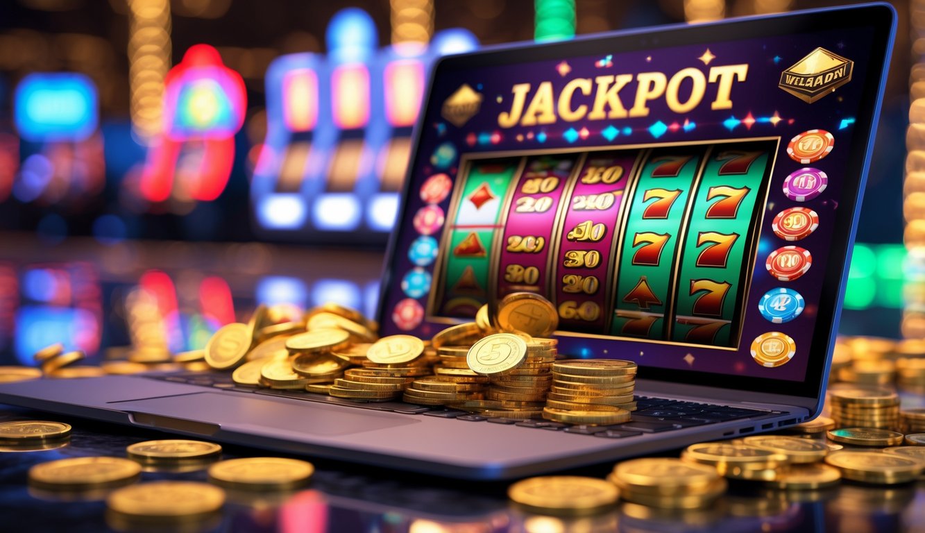 Seorang pemain judi online sedang memenangkan jackpot besar dengan layar perangkat yang menampilkan mesin slot berwarna-warni dan koin emas serta chip poker di sekitarnya.
