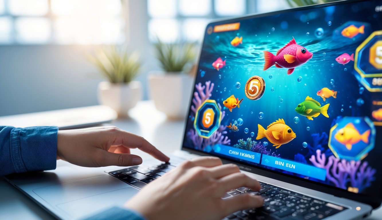 Seseorang sedang bermain game tembak ikan online terbaru di perangkat digital dengan latar belakang tema bawah laut.