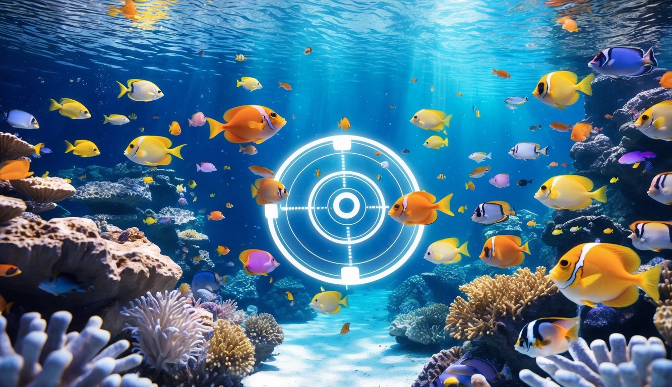 Pemandangan bawah laut dengan berbagai ikan tropis berwarna-warni berenang di sekitar terumbu karang.