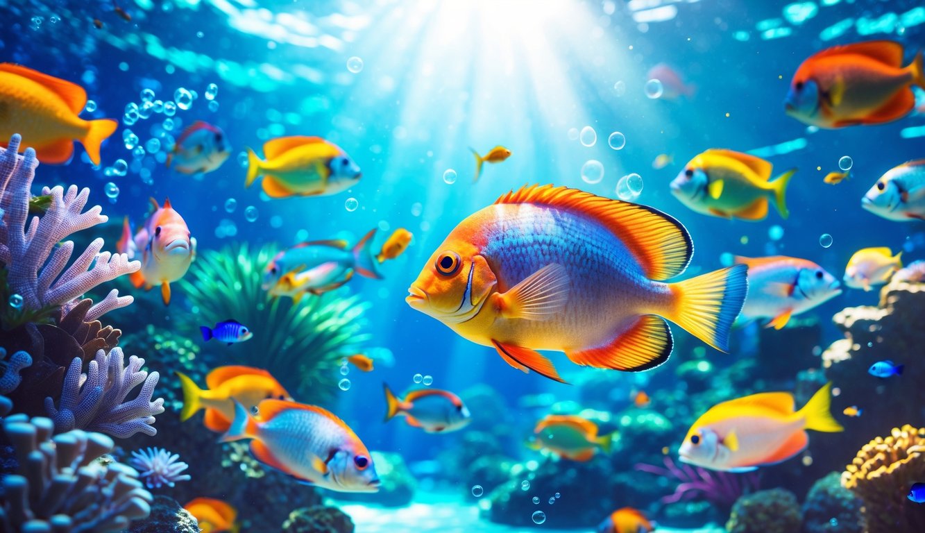 Pemandangan bawah laut dengan berbagai ikan tropis berwarna-warni berenang di antara terumbu karang dan tanaman air.