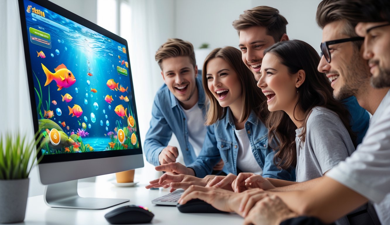 Sekelompok orang muda bermain permainan tembak ikan online di depan komputer dengan grafis ikan berwarna-warni di layar.