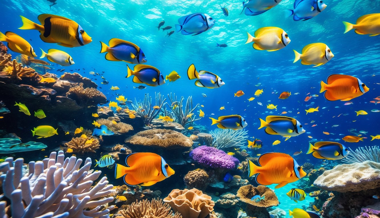 Pemandangan bawah laut dengan terumbu karang berwarna-warni dan berbagai ikan tropis berenang di antara tanaman laut.
