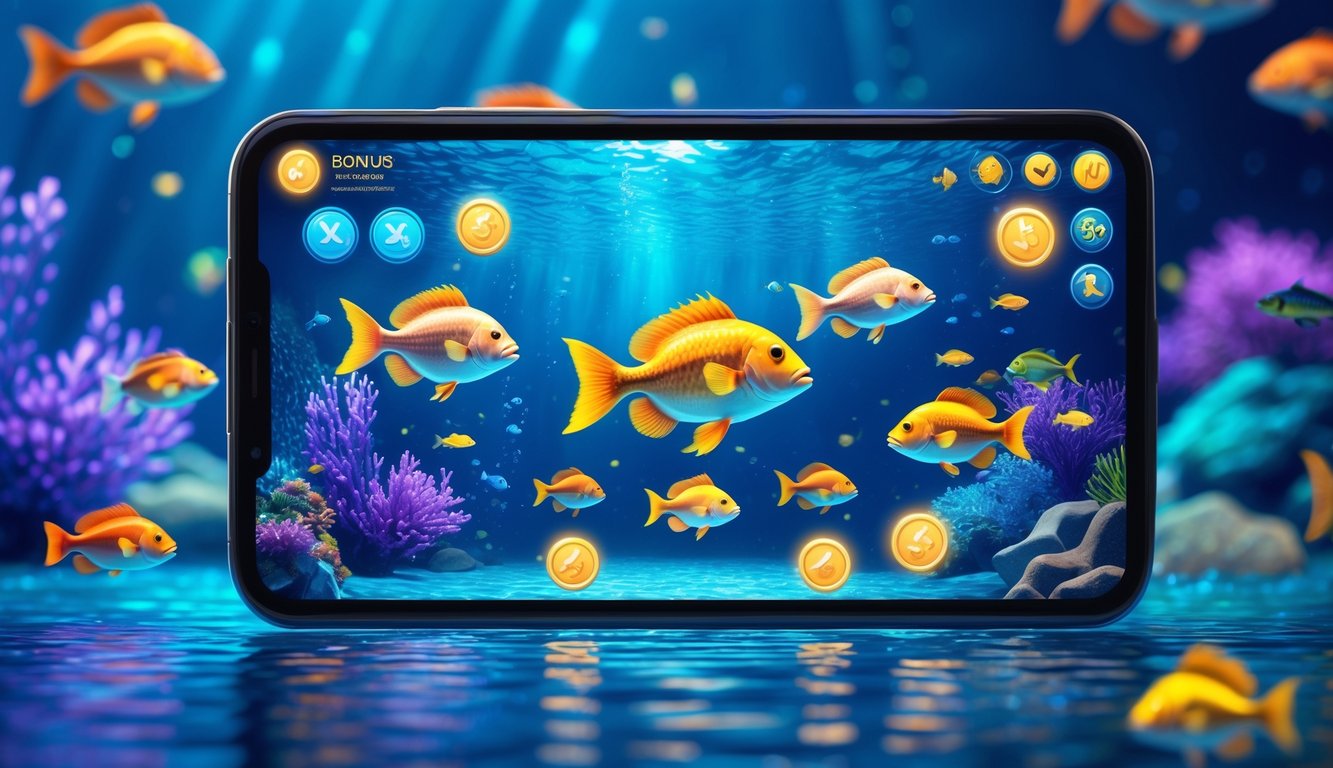 Tampilan layar perangkat dengan permainan memancing ikan online berwarna-warni di latar bawah laut.