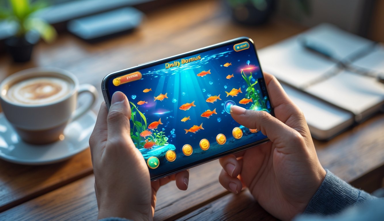 Seseorang memegang ponsel yang menampilkan permainan menembak ikan dengan latar belakang bawah laut dan ikan berwarna-warni.