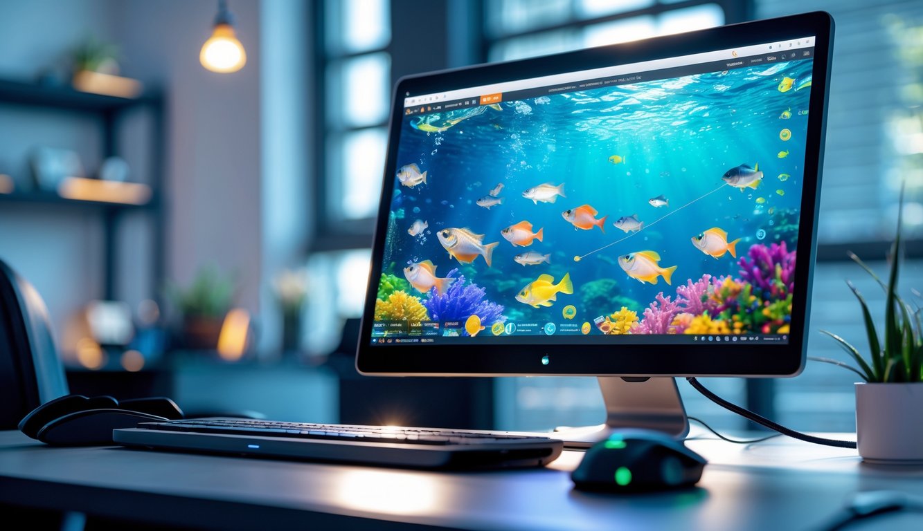 Sebuah layar komputer menampilkan adegan bawah laut dengan ikan-ikan berwarna-warni yang berenang, di meja kerja yang rapi dengan perlengkapan gaming di sekitarnya.