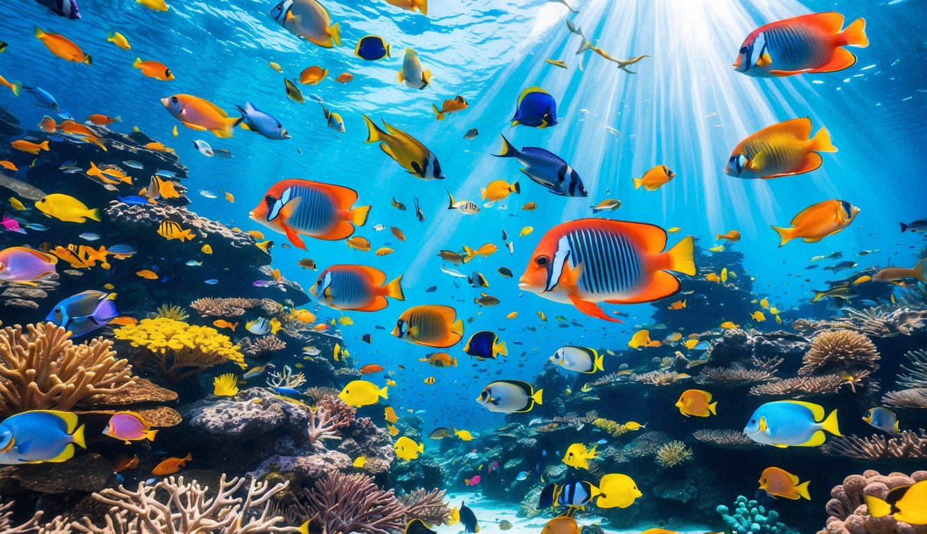 Pemandangan bawah laut yang penuh warna dengan berbagai ikan tropis berenang di antara terumbu karang dan tanaman air.