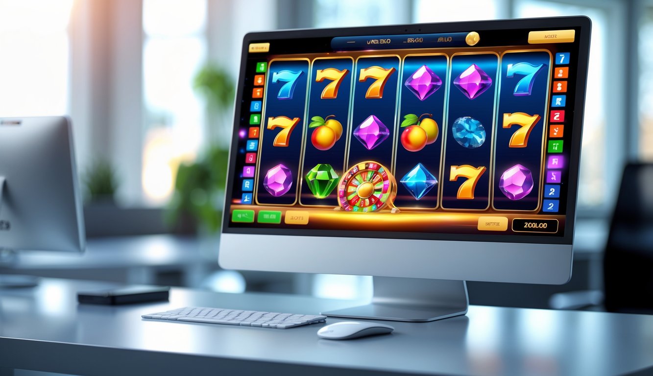Tampilan antarmuka mesin slot 3D berwarna-warni pada layar komputer dan ponsel di atas meja kerja.