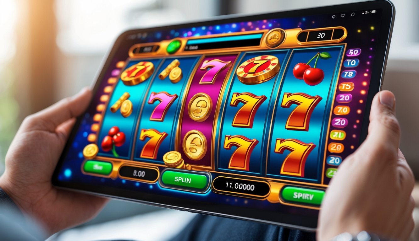 Seorang memegang tablet yang menampilkan permainan mesin slot 3D dengan simbol warna-warni yang berputar.