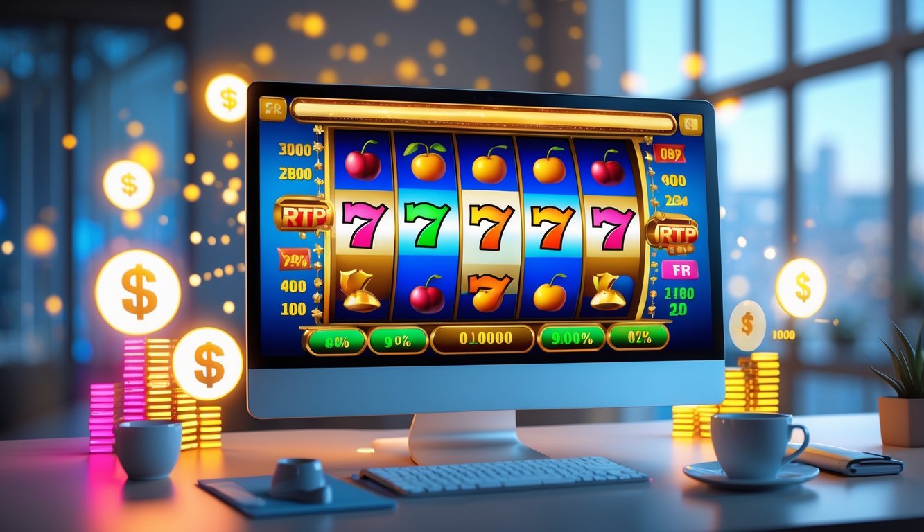 Layar komputer menampilkan mesin slot 3D berwarna-warni dengan simbol klasik, di atas meja kerja yang rapi dengan pencahayaan lembut.