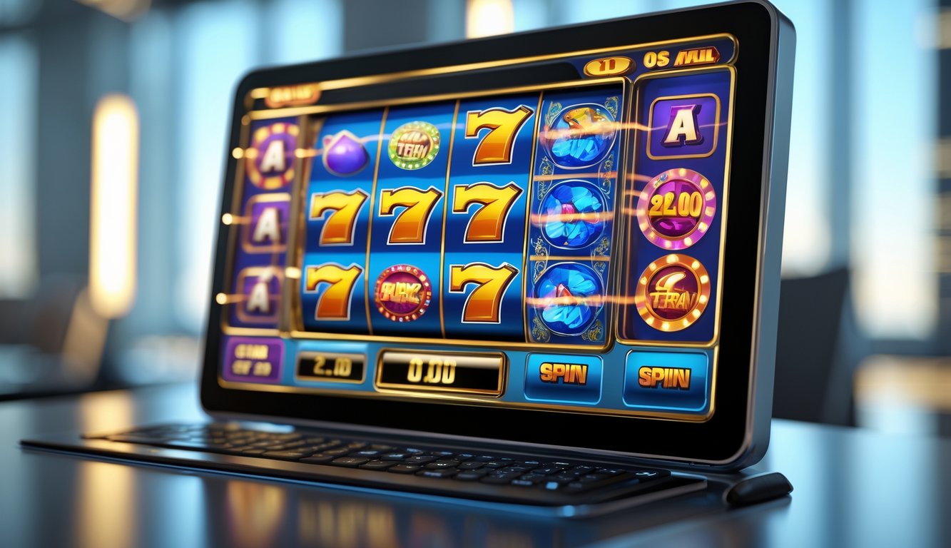 Layar komputer menampilkan permainan mesin slot 3D online dengan gulungan berwarna-warni yang berputar cepat di meja kerja.