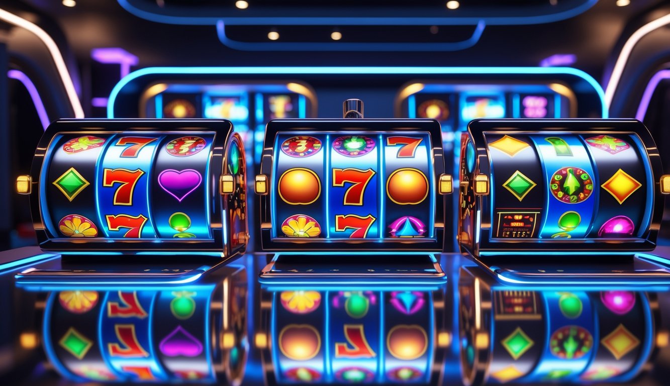 Tampilan layar kasino online dengan tiga mesin slot 3D berwarna cerah yang sedang berputar.