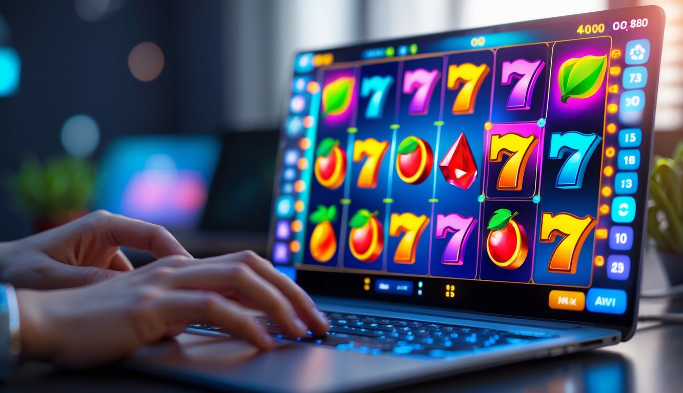 Seseorang sedang bermain permainan slot 3D online di komputer dengan tampilan layar penuh warna dan simbol mesin slot yang berputar.
