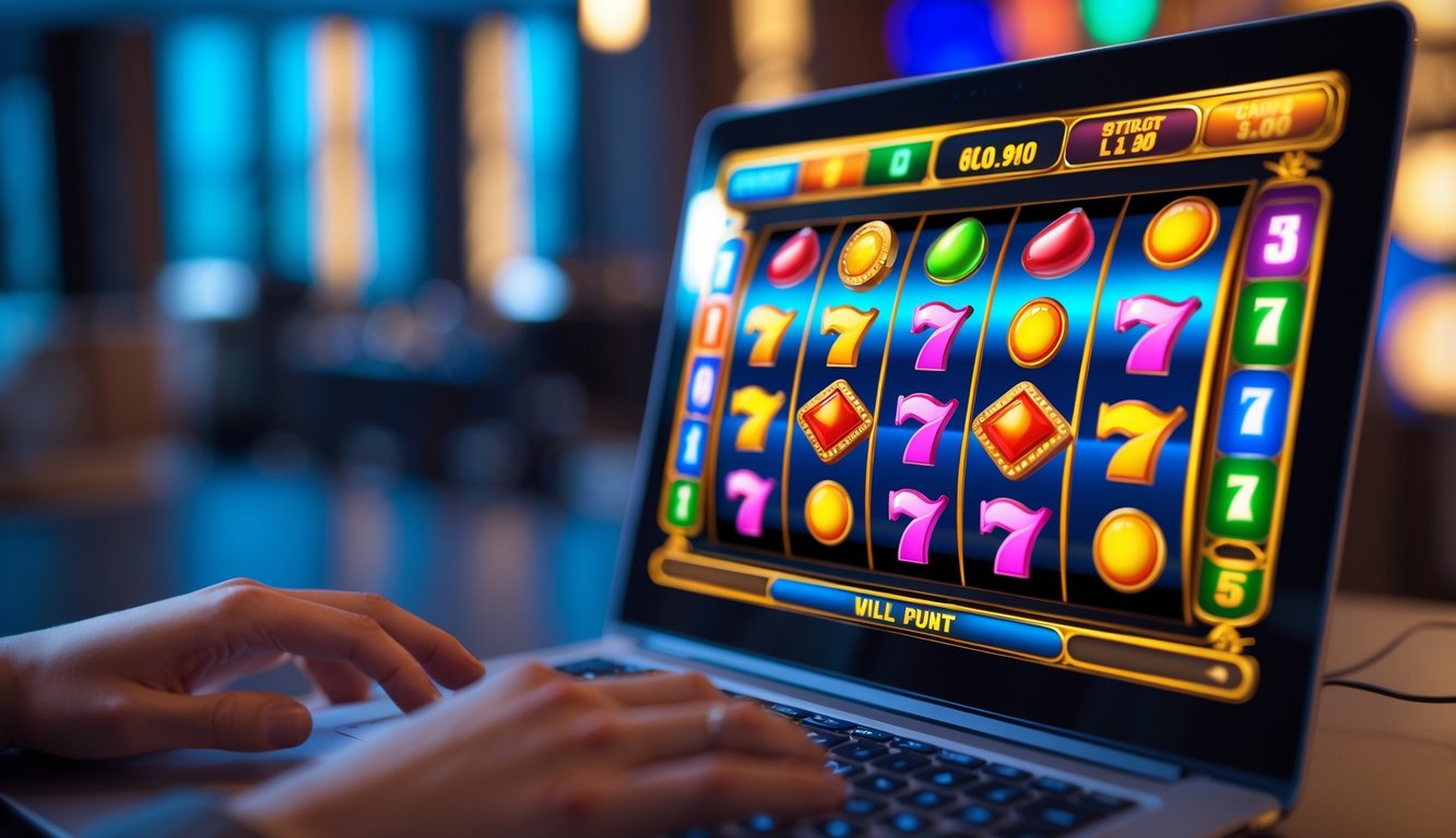 Seseorang menggunakan komputer dengan layar menampilkan permainan mesin slot 3D yang berwarna-warni.