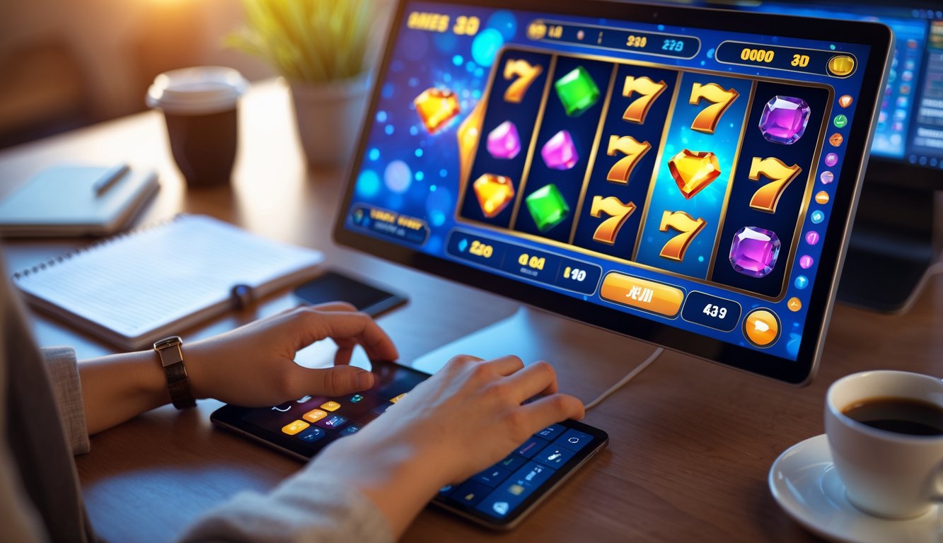 Seseorang menggunakan perangkat digital untuk bermain permainan slot 3D dengan simbol warna-warni di layar.