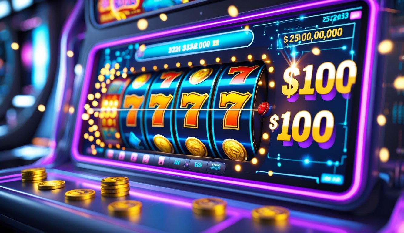 Layar perangkat menampilkan mesin slot 3D dengan simbol berwarna cerah dan meter jackpot besar yang bersinar.