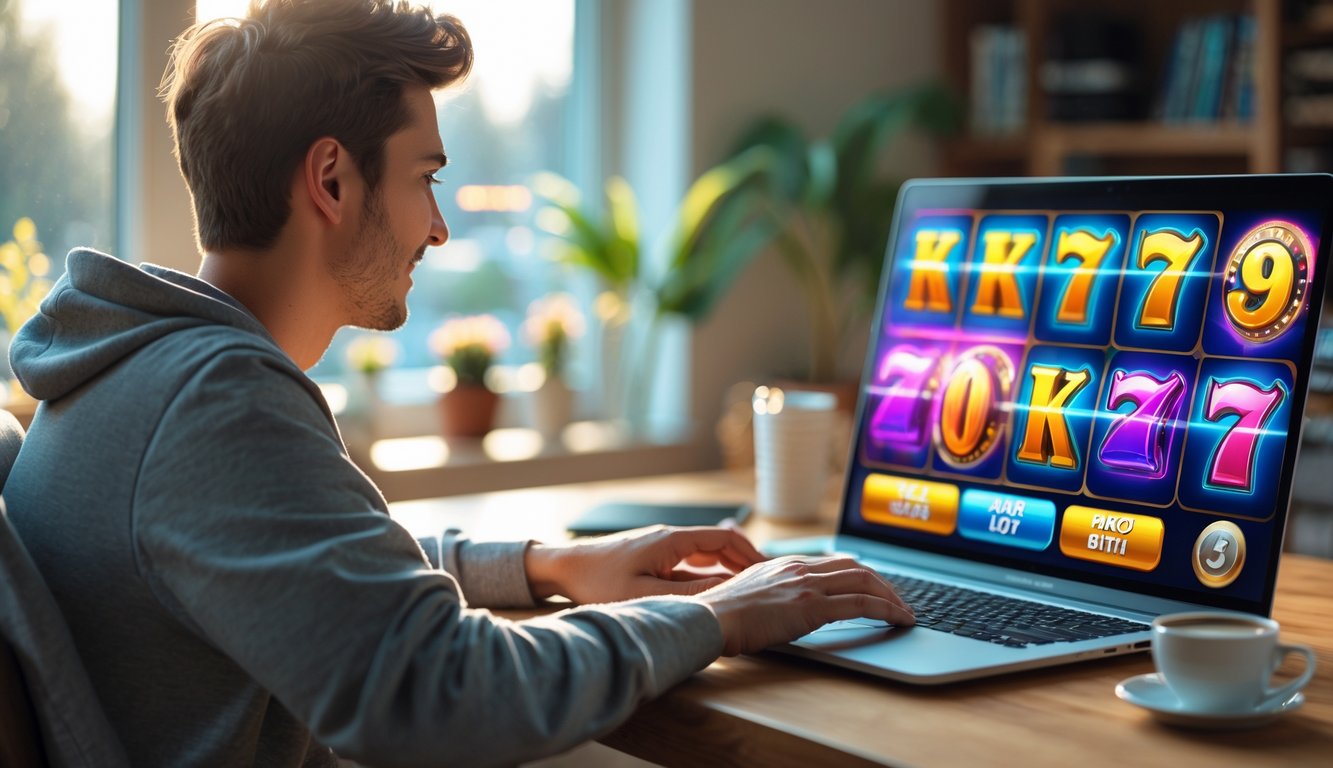 Seseorang sedang bermain permainan slot 3D online di laptop di ruang rumah yang nyaman.
