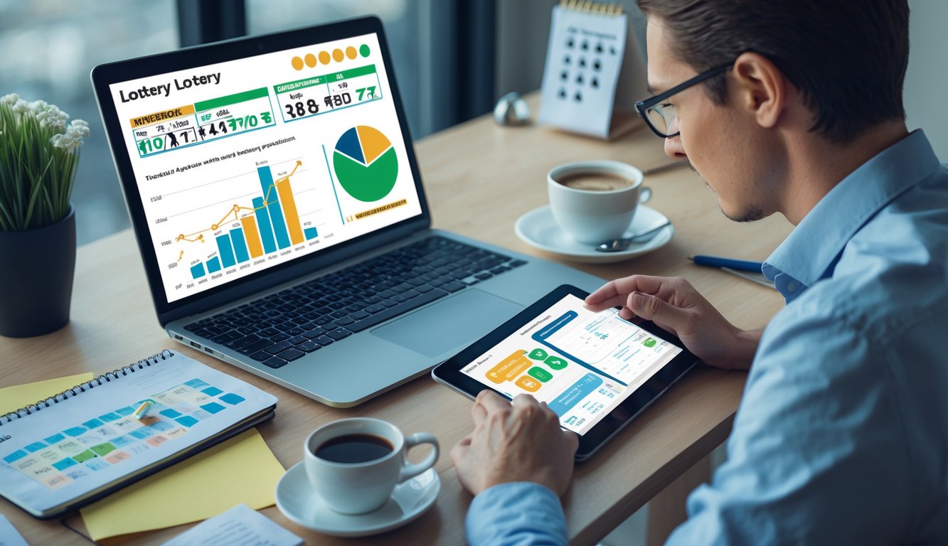 Seseorang sedang menganalisis data pada laptop dan tablet di meja kerja dengan grafik dan catatan di sekitarnya.