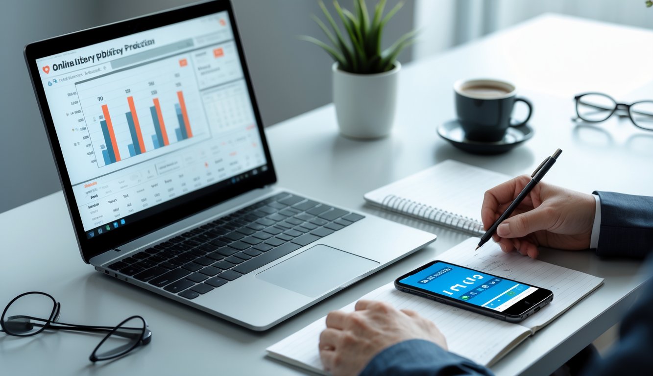 Sebuah meja kerja modern dengan laptop, ponsel, dan alat tulis yang menunjukkan aktivitas prediksi angka togel online.