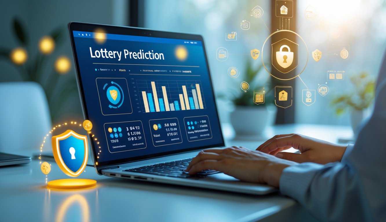 Seseorang sedang menggunakan laptop di meja kerja dengan layar menampilkan grafik dan angka terkait prediksi togel online, di lingkungan yang rapi dan terang.