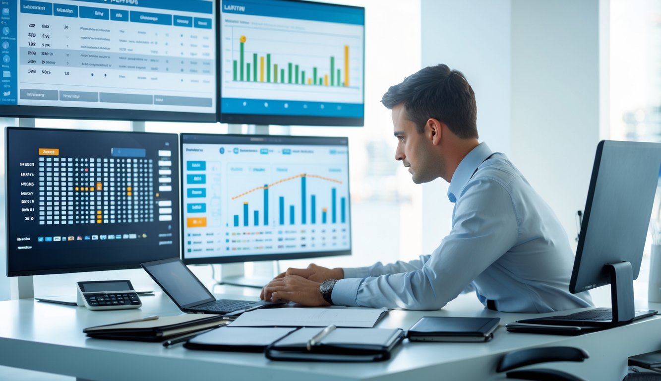 Seorang analis sedang bekerja di meja dengan layar komputer yang menampilkan grafik dan data angka lotre.