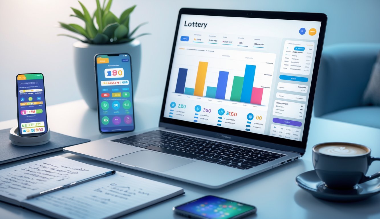 Seorang profesional menggunakan laptop di meja kerja dengan grafik dan angka yang terkait dengan lotere online, dikelilingi oleh ponsel, kopi, dan catatan.