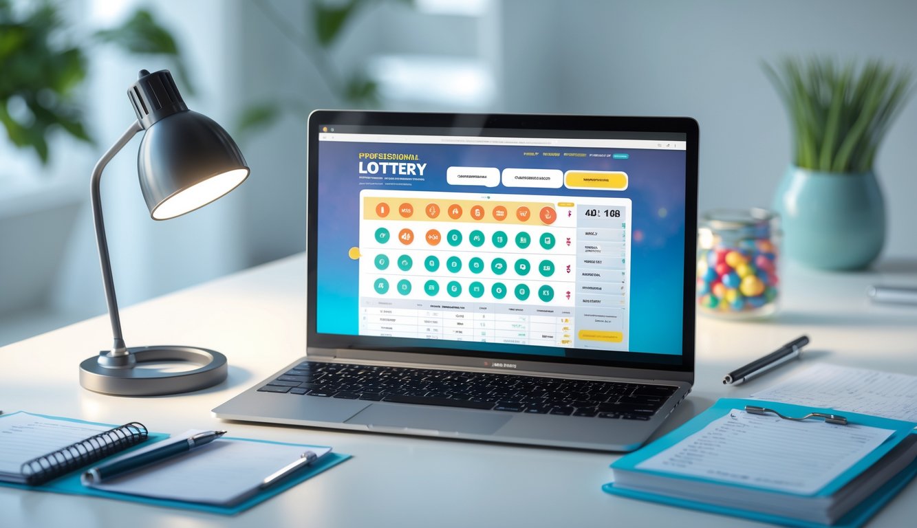 Seorang laptop di atas meja dengan tampilan situs lotere online dan alat tulis di sekitarnya.