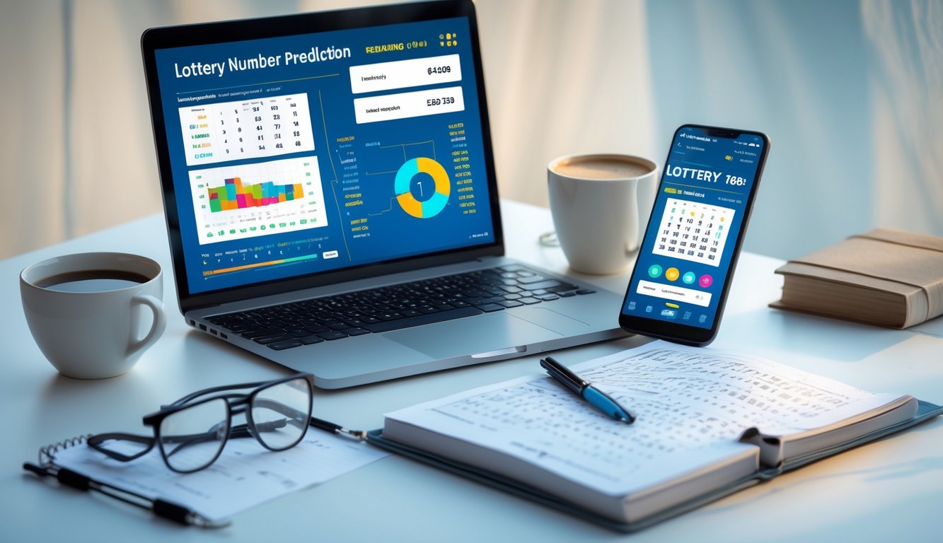 Meja kerja dengan laptop, smartphone, dan buku catatan yang menunjukkan aktivitas prediksi angka togel.
