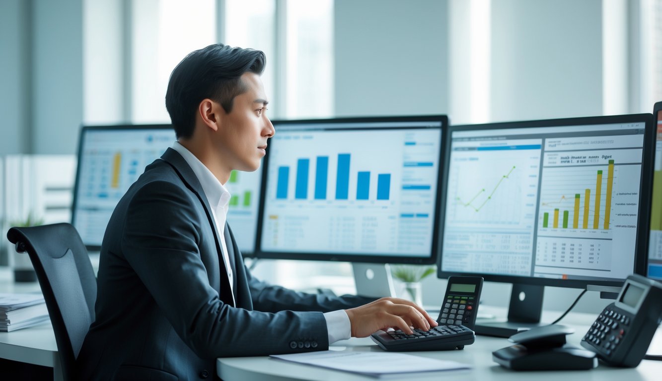 Seorang analis bisnis yang fokus bekerja di kantor modern dengan beberapa layar komputer menampilkan data dan angka.