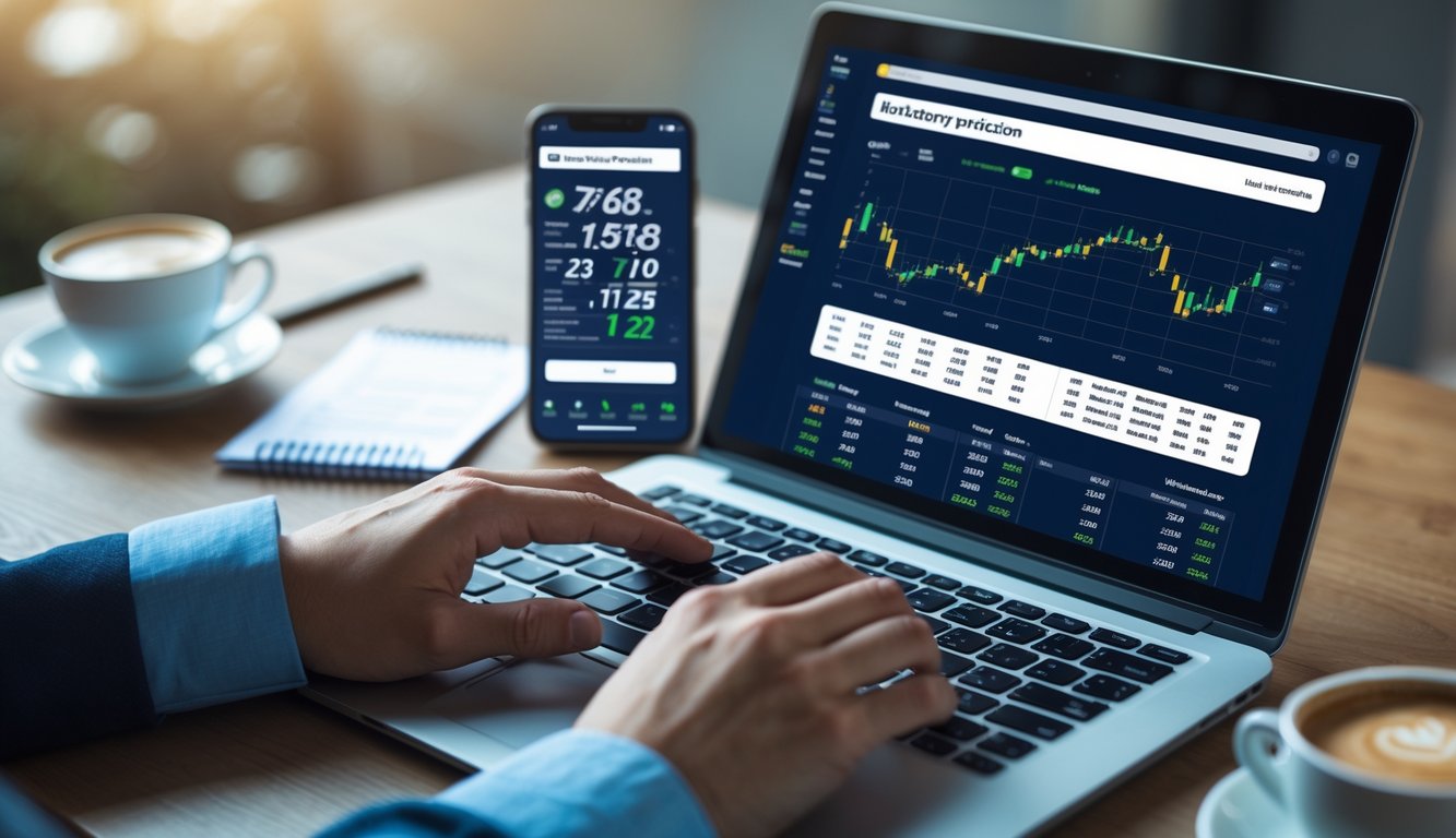 Sebuah meja kerja dengan laptop yang menampilkan grafik dan angka, tangan seseorang sedang mengetik, serta ponsel dan secangkir kopi di sampingnya.