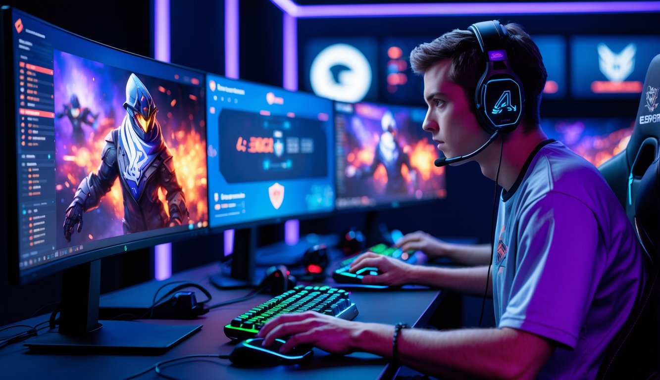 Seorang gamer muda fokus bermain esports dengan beberapa monitor menampilkan pertandingan dan statistik di ruangan gaming berlampu LED biru dan ungu.