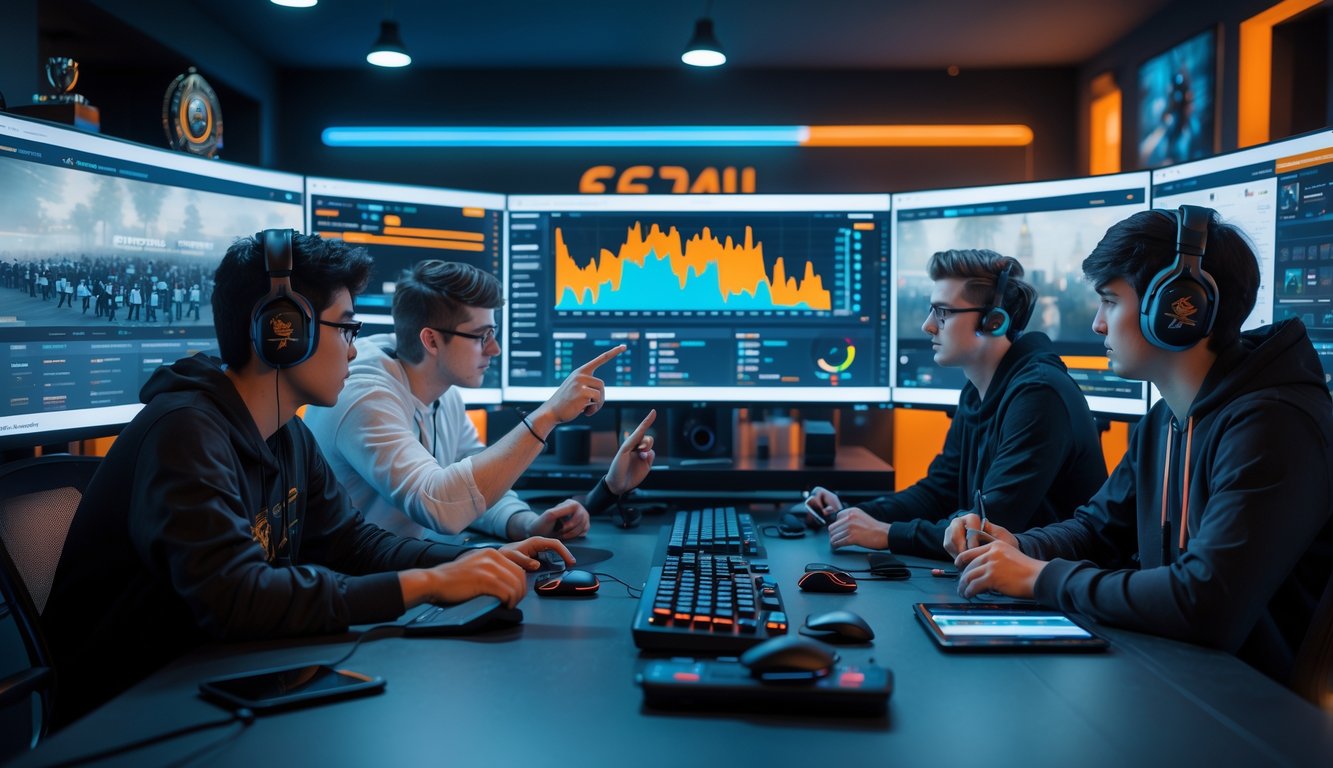 Sekelompok orang muda berkumpul di depan komputer dengan layar menampilkan statistik dan pertandingan esports, terlihat fokus dan serius dalam suasana ruangan modern.