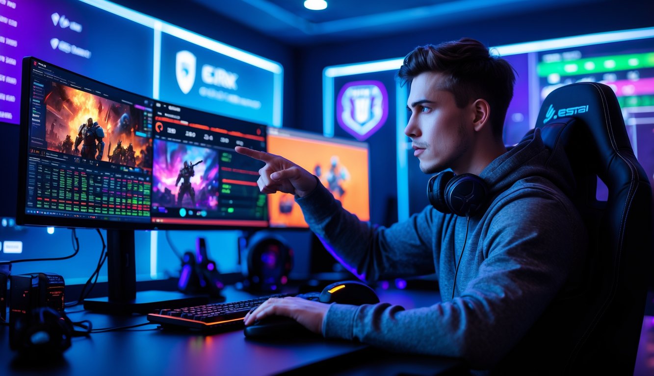 Seorang pria muda fokus duduk di depan beberapa monitor komputer yang menampilkan permainan esports dan statistik, di ruang gaming dengan pencahayaan biru dan ungu.