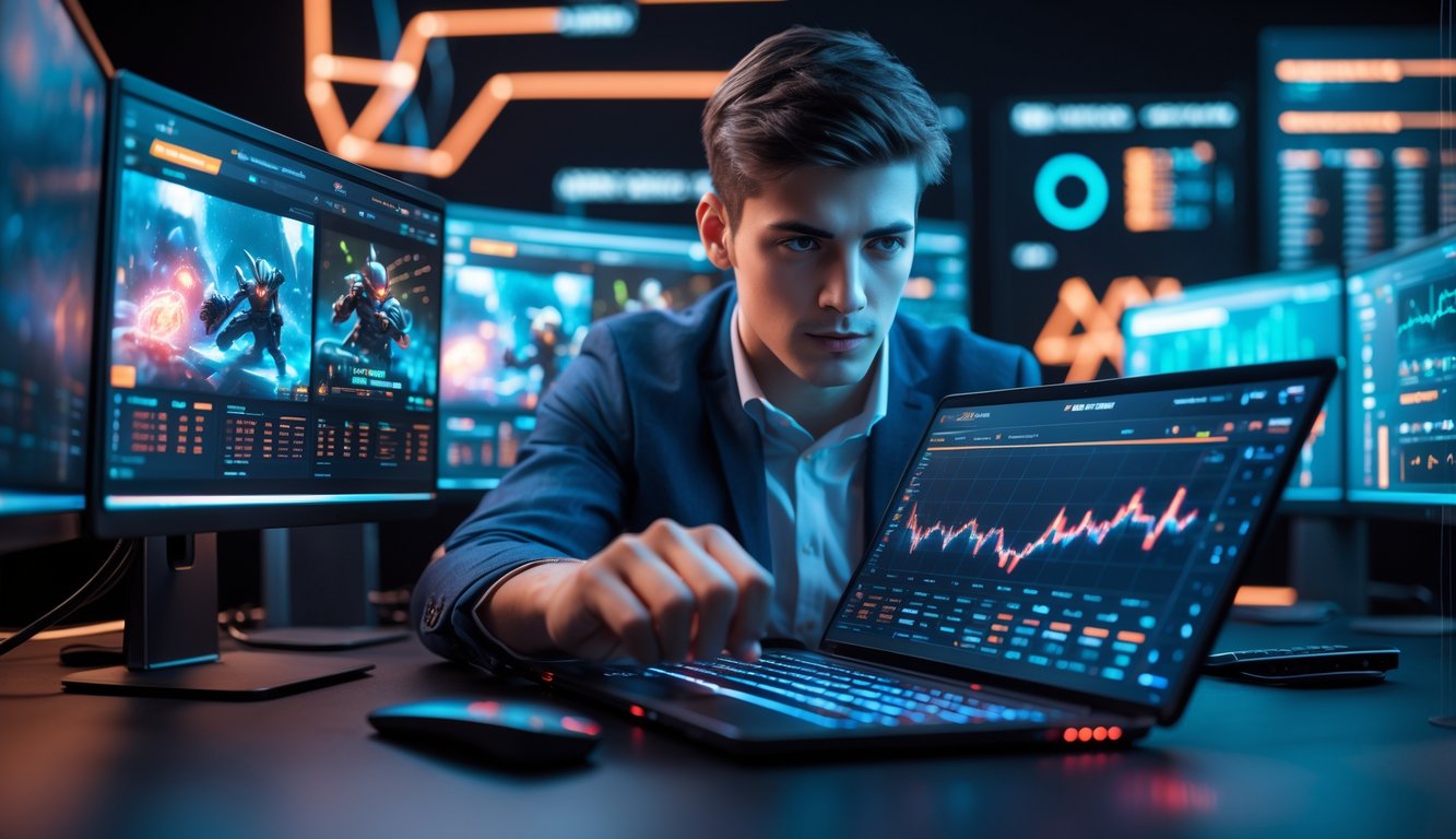 Seorang dewasa muda fokus menggunakan laptop dengan layar menampilkan data dan grafik prediksi taruhan esports, dikelilingi oleh monitor yang menampilkan gameplay esports.