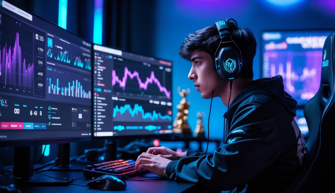 Seorang pemain esports profesional sedang fokus di depan beberapa monitor dengan data permainan, di ruangan gaming dengan pencahayaan biru dan ungu.