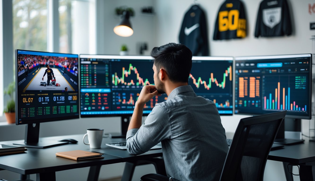 Seorang pria sedang menganalisis data prediksi judi esports online di depan beberapa monitor komputer di ruang kerja modern.