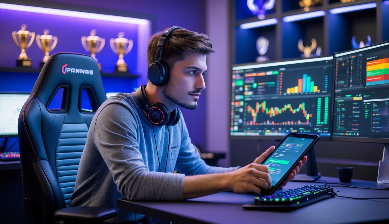 Seorang analis esports muda duduk di depan beberapa monitor komputer dengan grafik dan rekaman permainan esports, di ruang studio gaming yang modern dan terang.