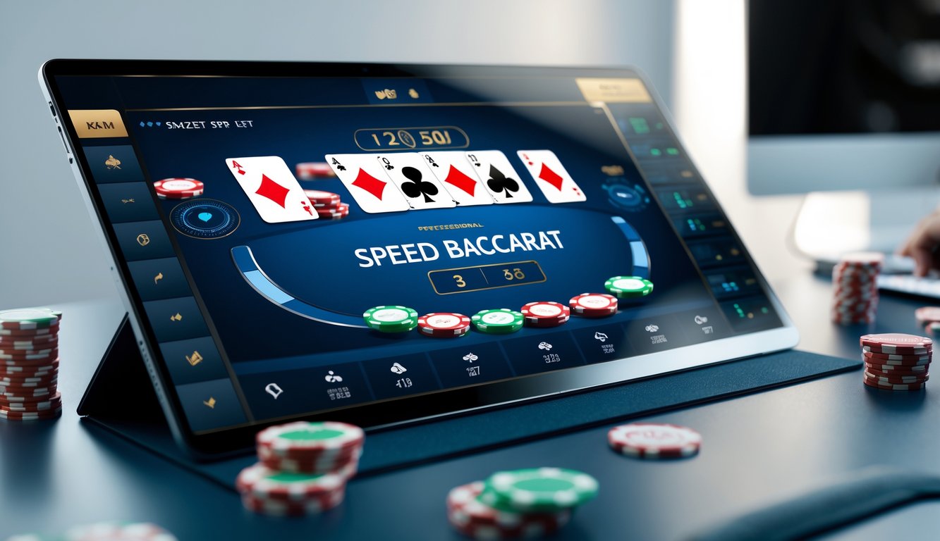 Layar komputer menampilkan permainan baccarat online dengan kartu dan chip di meja digital.