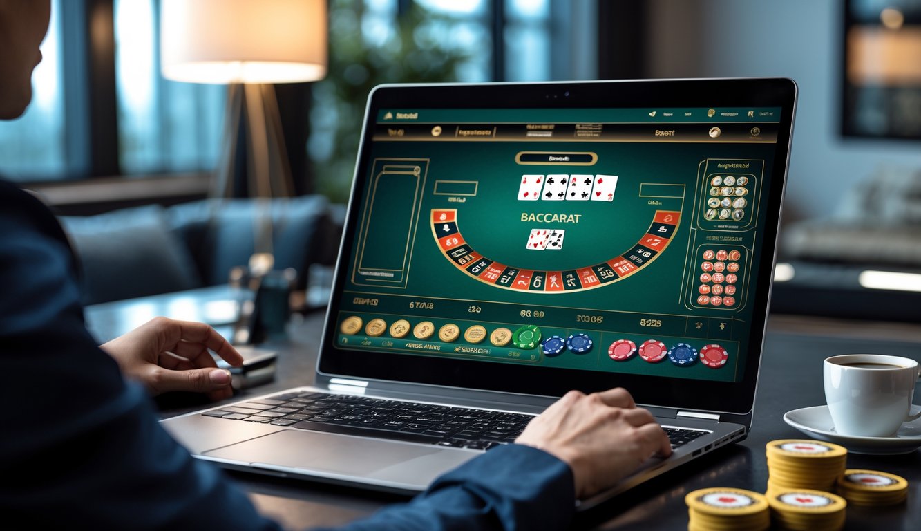 Seorang pemain sedang menggunakan komputer untuk bermain baccarat online dengan kartu dan chip terlihat di layar.