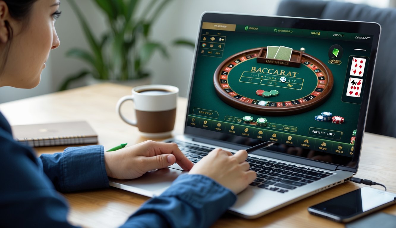 Seseorang sedang bermain speed baccarat online di laptop dengan catatan dan alat tulis di meja.