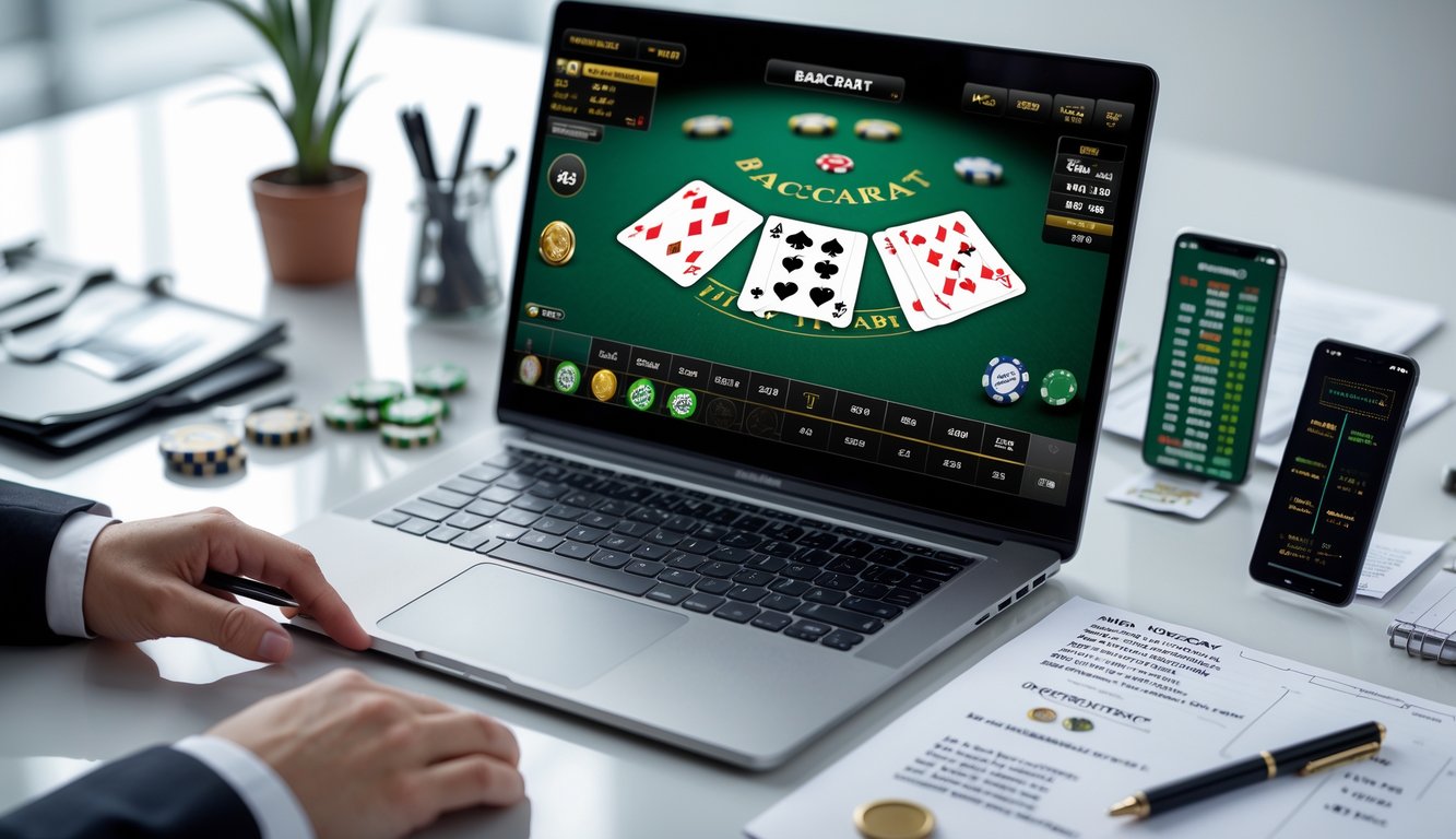Seseorang sedang fokus menggunakan laptop dengan permainan baccarat online dan mencatat strategi di meja kerja.