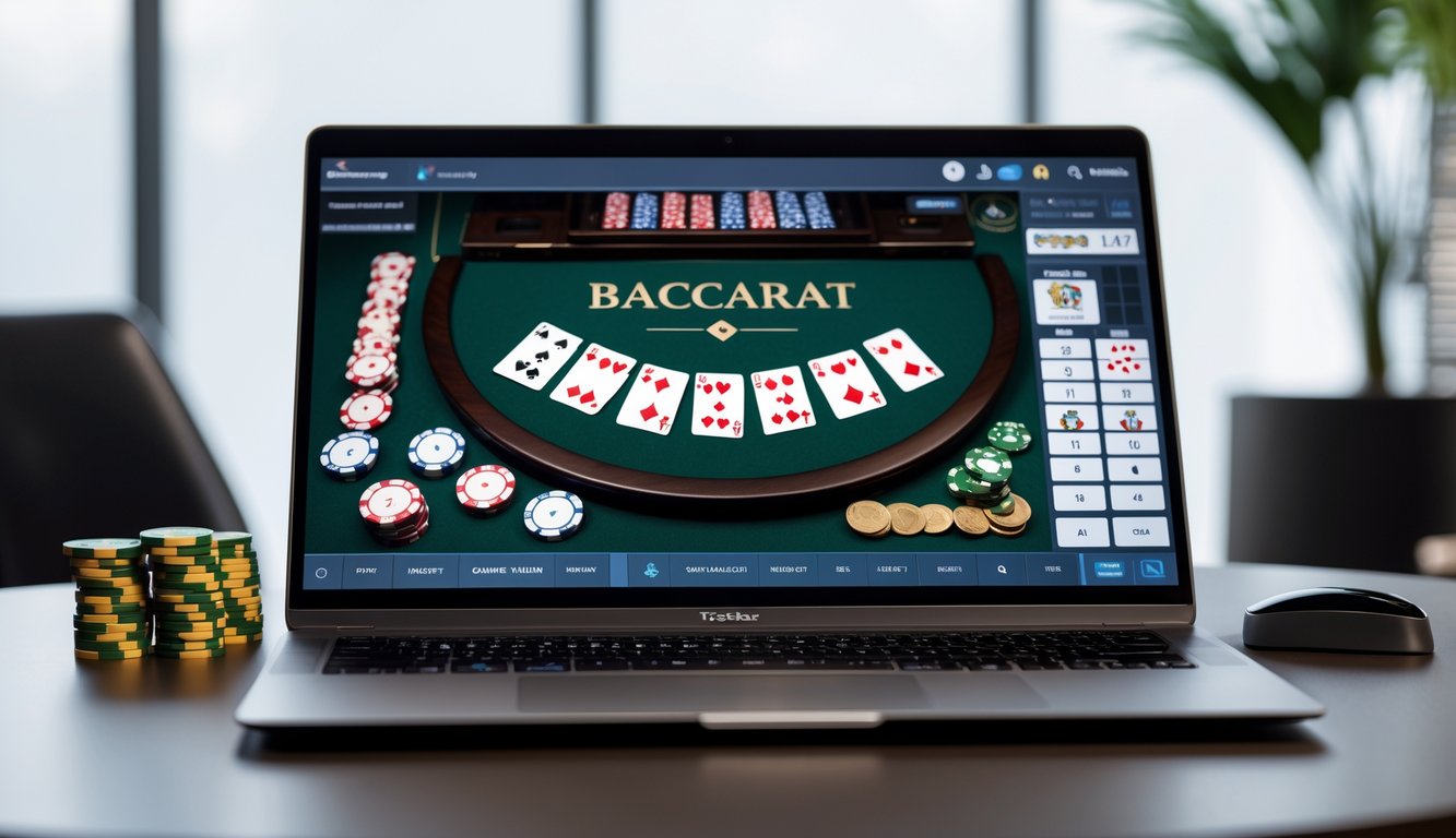 Seseorang sedang bermain baccarat online di komputer dengan tampilan kartu dan chip, menunjukkan suasana permainan yang cepat dan akurat.