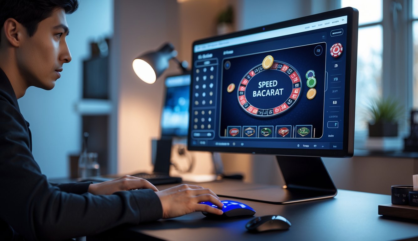 Seorang pemain muda sedang bermain permainan baccarat online di depan komputer di ruang kerja yang rapi dan terang.