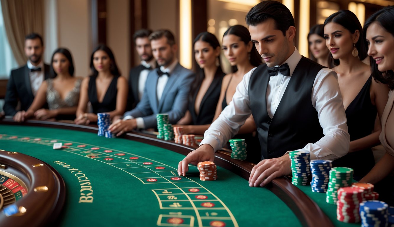 Meja baccarat dengan dealer yang sedang membagikan kartu dan pemain yang memperhatikan permainan di kasino mewah.