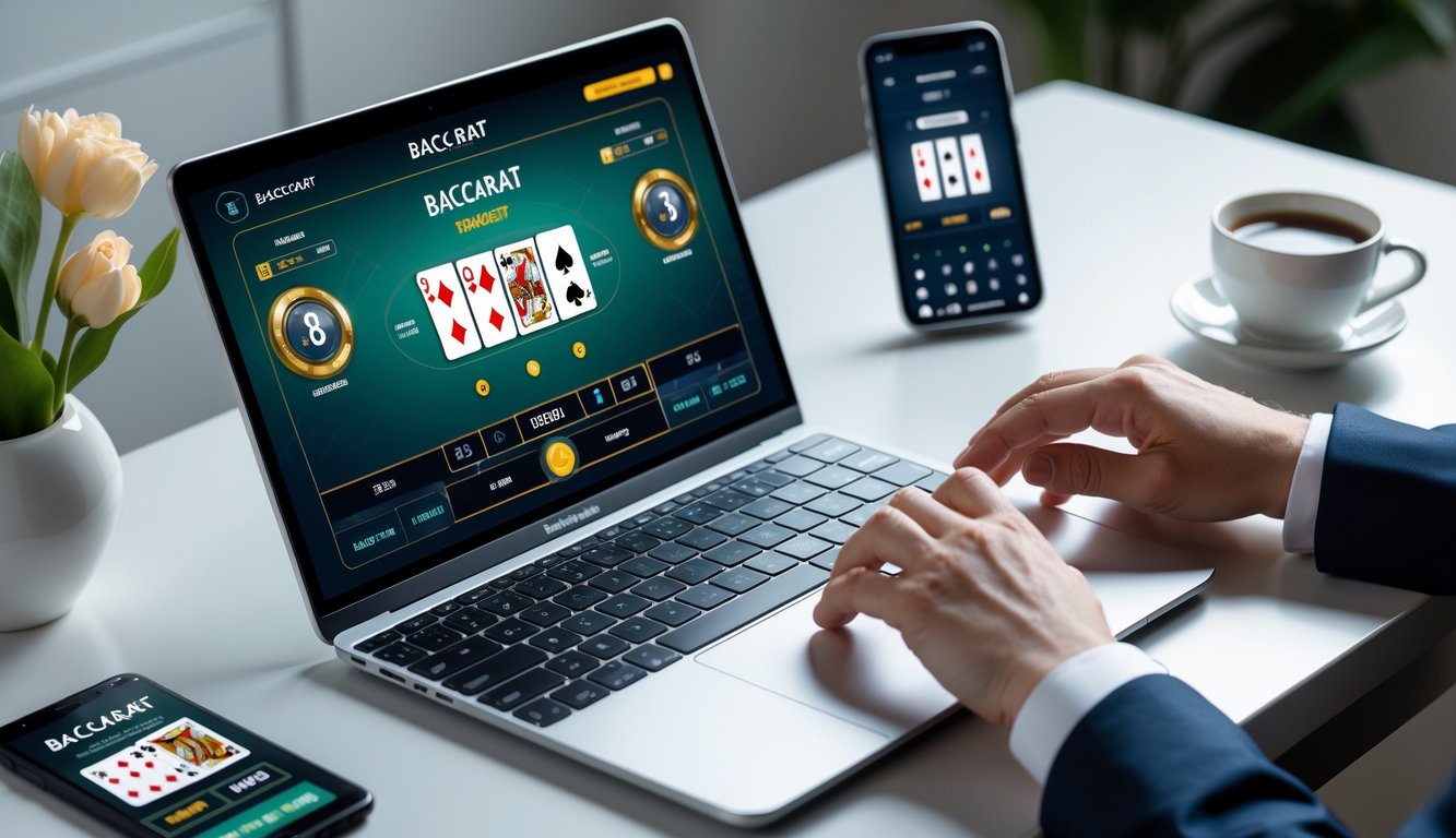 Tampilan meja kerja dengan laptop yang menunjukkan permainan baccarat online dan tangan seseorang yang sedang berinteraksi dengan perangkat tersebut.