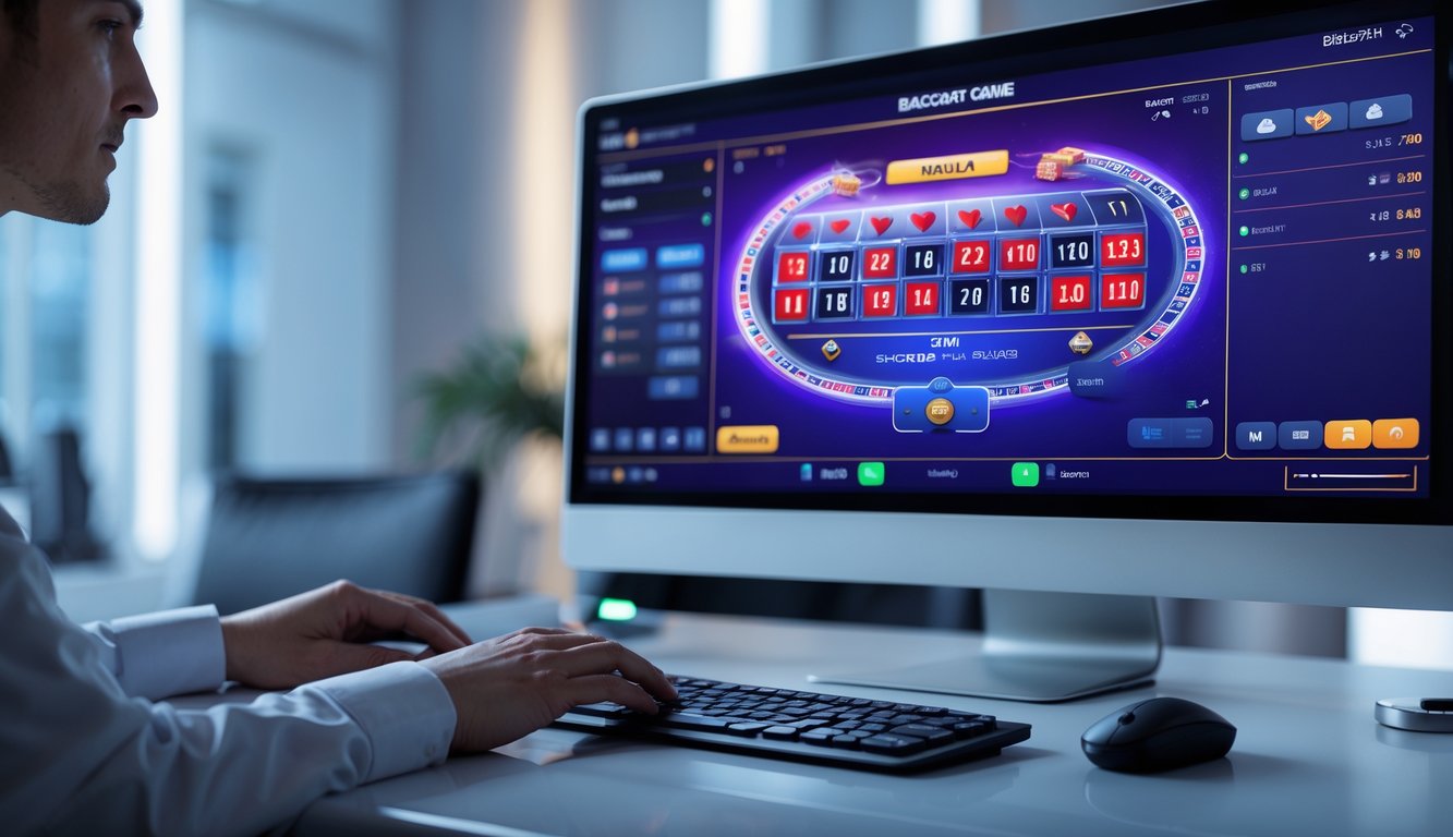 Seorang pemain fokus menggunakan komputer untuk bermain Speed Baccarat online dengan tampilan kartu dan antarmuka permainan di layar.