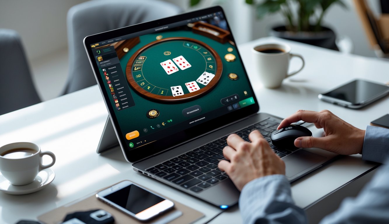 Seorang pemain menggunakan komputer untuk bermain baccarat online dengan meja kartu digital dan chip di layar.