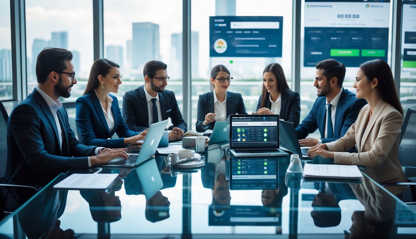 Sekelompok profesional sedang rapat di kantor modern dengan perangkat digital yang menampilkan grafik dan antarmuka taruhan online.
