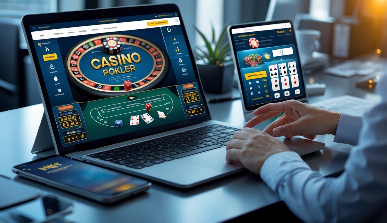 Seseorang menggunakan beberapa perangkat digital di meja kerja modern yang menampilkan permainan judi online.