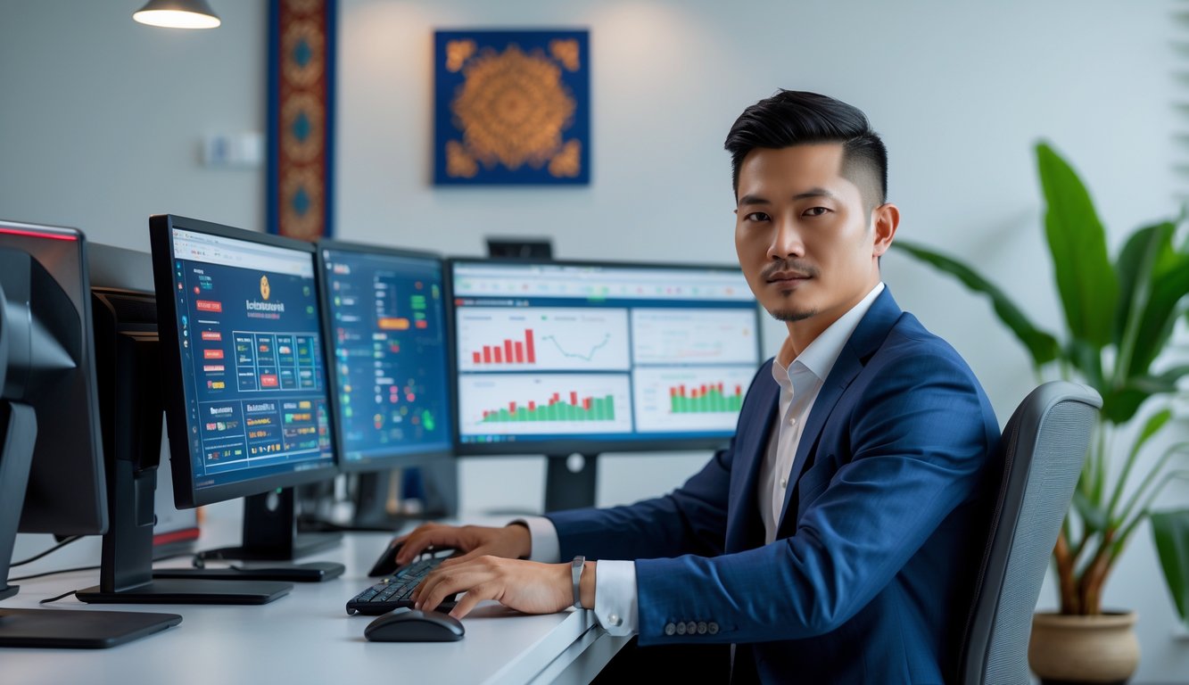 Seorang pria muda di kantor modern dengan beberapa layar komputer yang menampilkan antarmuka judi online, dengan dekorasi batik dan tanaman tropis di latar belakang.